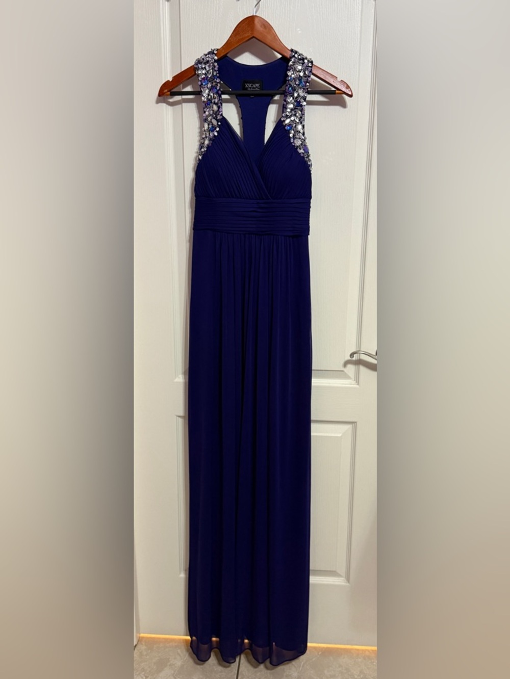 Xscape Midnight Navy Blue Beaded Open-Back Formal Gown Prom Dress Size 2